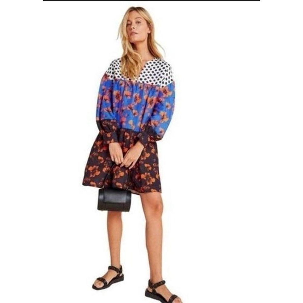 Dhruv Kapoor Mixed Print Tiered Mini Dress Floral Polka Dot Blue Black XLP
